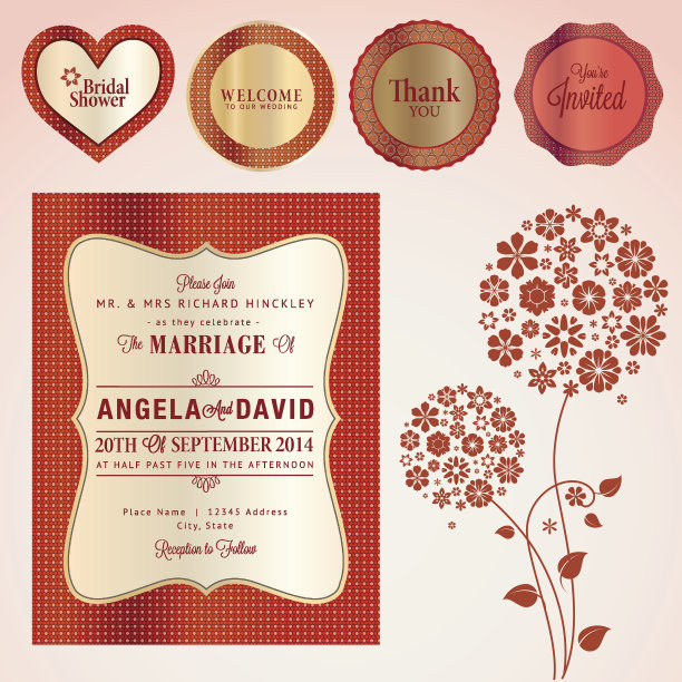 一套婚礼请柬和元素图片下载