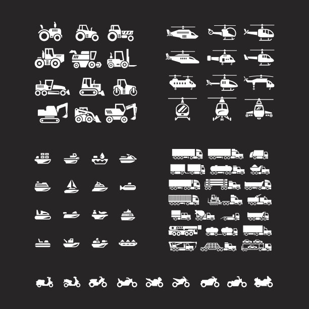 设置运输图标。拖拉机、直升机、水运、卡车和摩托车图片下载