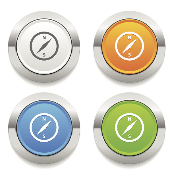 四色圆形按钮与罗盘图标和金属边框图片下载