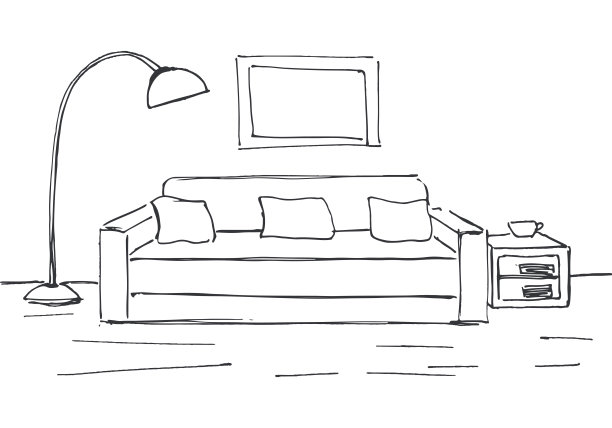 室内的线性草图。房间的计划。矢量插图。素材图片