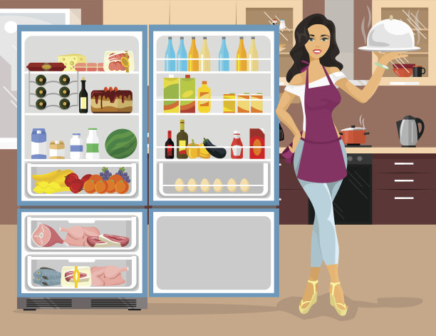 厨房和家庭主妇。矢量平面插图图片下载