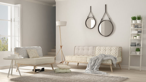 斯堪的纳维亚客厅，沙发，扶手椅和柔软的毛皮地毯，简约的白色室内设计图片下载
