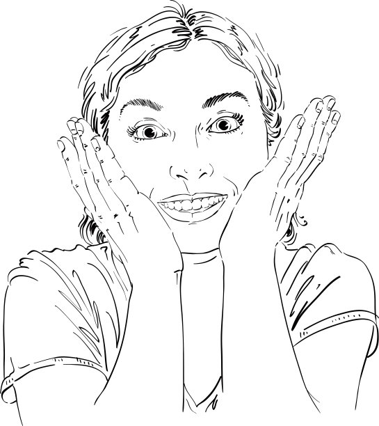 手绘肖像白皮肤惊讶幸福的女人，手势。面对情绪主题插画。美丽震惊的女士在白色的背景摆姿势。图片下载