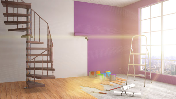 修理和粉刷房间的墙壁。3 d演示。图片下载