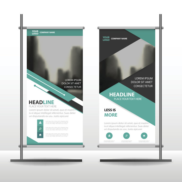 绿色抽象三角形业务卷旗平面设计模板图片下载