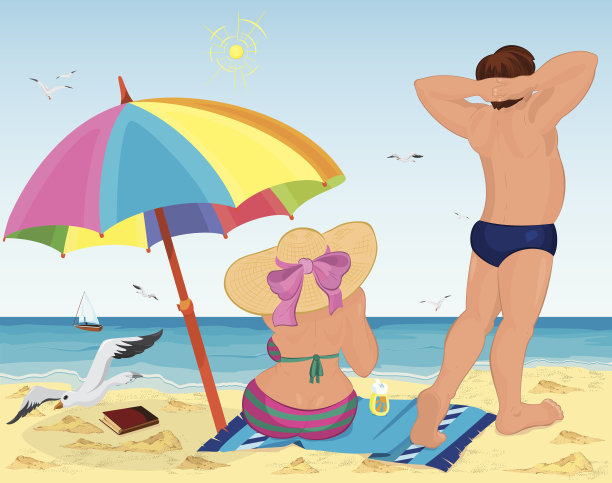 新婚夫妇在沙滩上撑伞图片下载