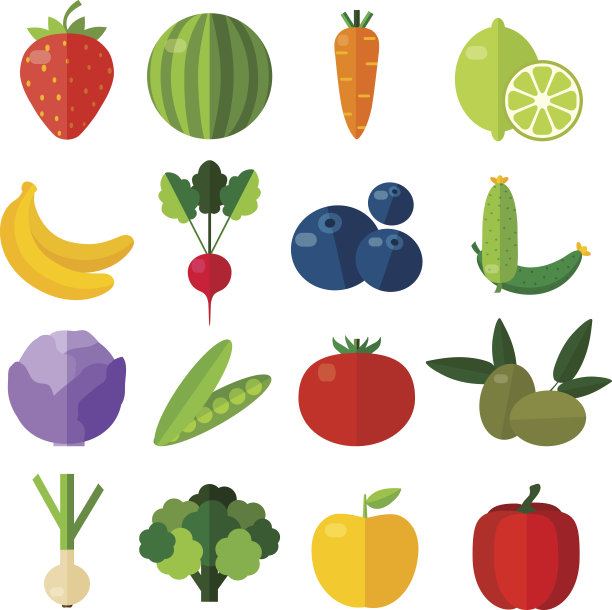 新鲜水果和蔬菜平面图标设置。图片下载