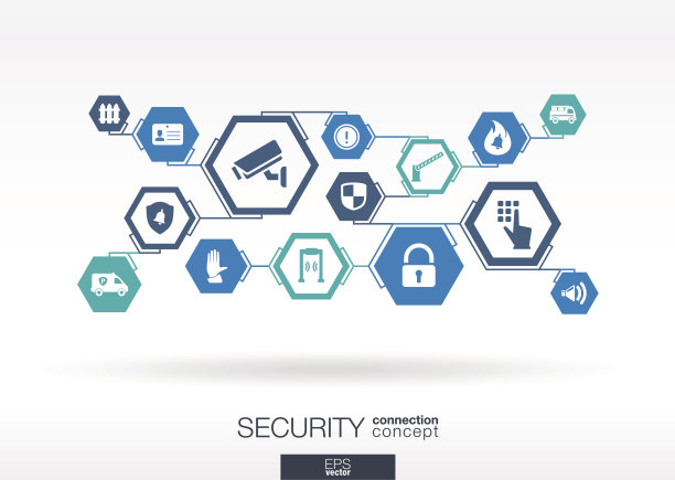 安全网络。六边形抽象背景与线，多边形，集成图标。素材图片