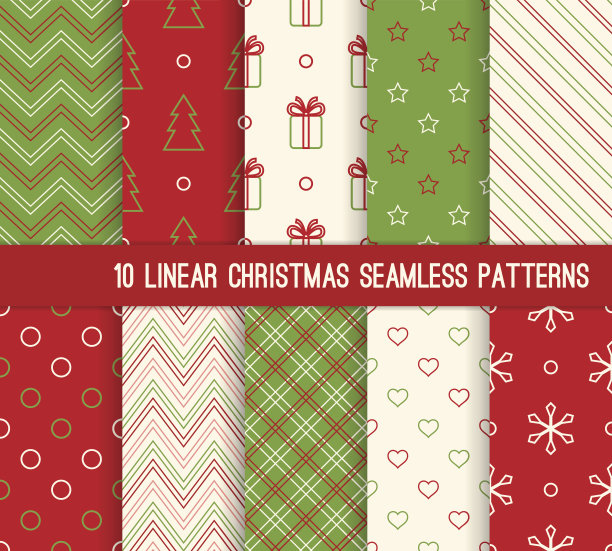 10个圣诞节线形无缝图案。图片下载