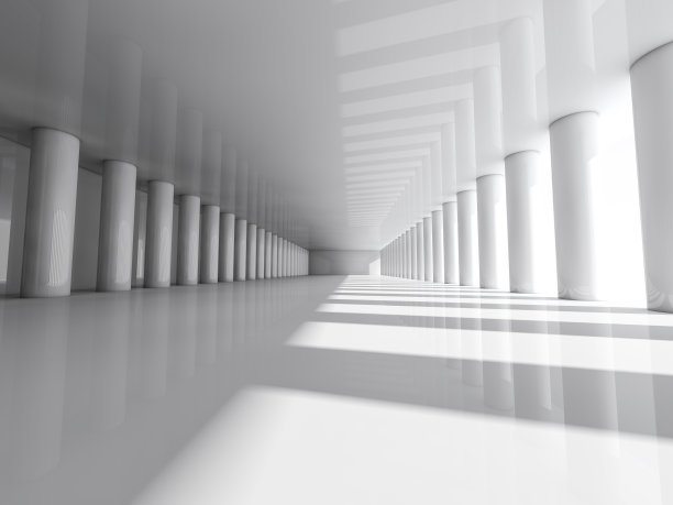 抽象的现代建筑背景，空旷的白色开放空间内部用柱子。三维渲染图片下载
