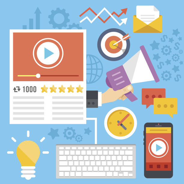 视频营销、媒体营销、数字营销平面插图概念图片下载