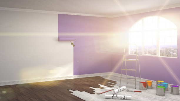 修理和粉刷房间的墙壁。3 d演示。图片下载