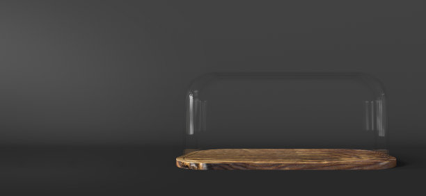 黑色背景上有木制托盘的玻璃盒子图片下载