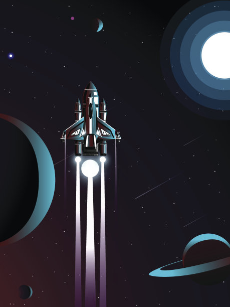 宇宙背景中有蓝色太阳和红色行星的航天飞机素材图片