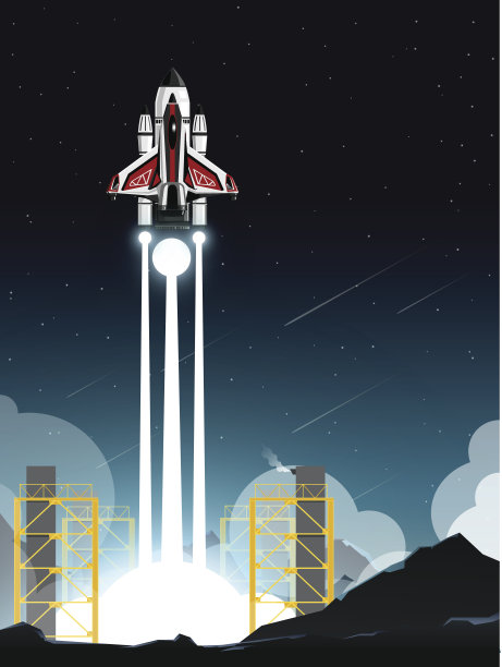航天飞机在夜间从深山中的发射站发射素材图片