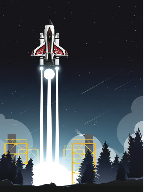 航天飞机在夜间从发射站在深松林中发射素材图片