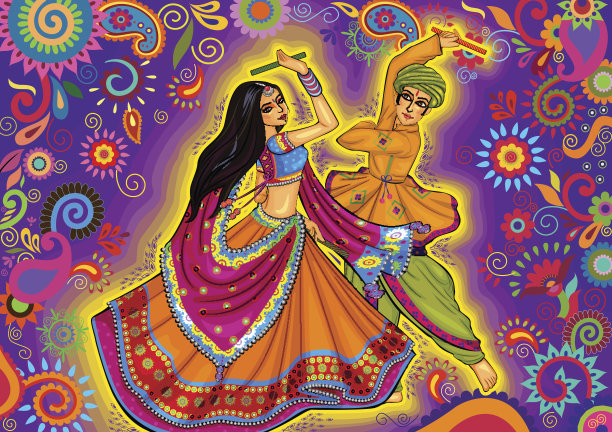 一对夫妇在丹迪亚之夜纳瓦拉特里杜塞赫拉节上演奏加尔巴图片下载