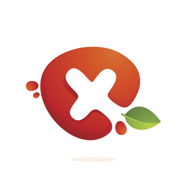 鲜榨果汁中的字母X图标，溅上绿叶。图片下载