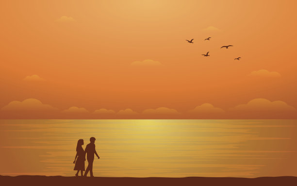 在日落天空背景下的海滩上漫步的剪影夫妇(矢量)图片下载