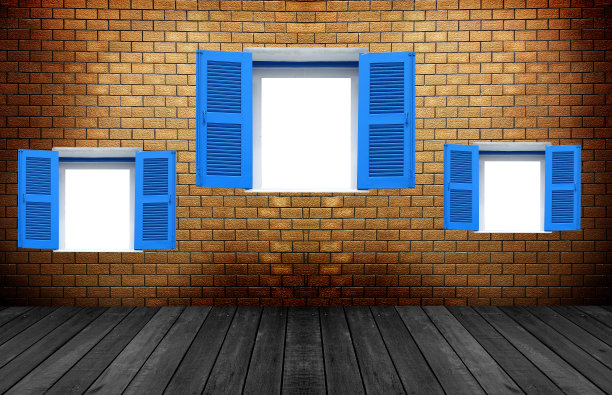 墙上有希腊风格的蓝色木窗图片下载