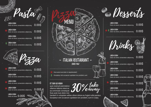 手绘矢量插图-意大利菜单。意大利面和披萨。完美的餐厅宣传册，咖啡馆传单，外卖菜单。设计模板与插图在素描风格。图片下载