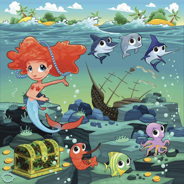 美人鱼和有趣的动物在海底图片下载