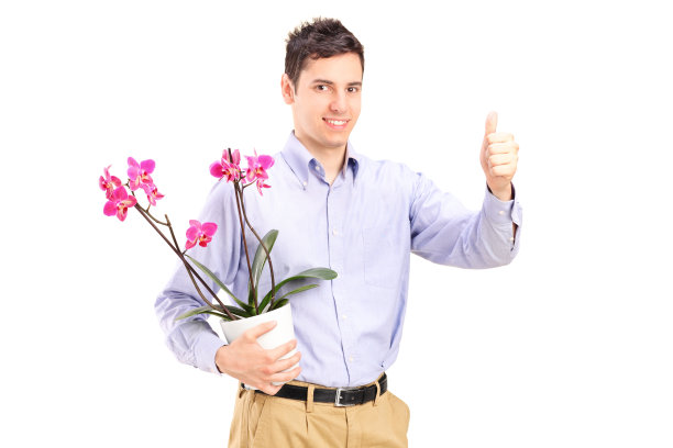 年轻人拿着花盆，竖起大拇指图片下载