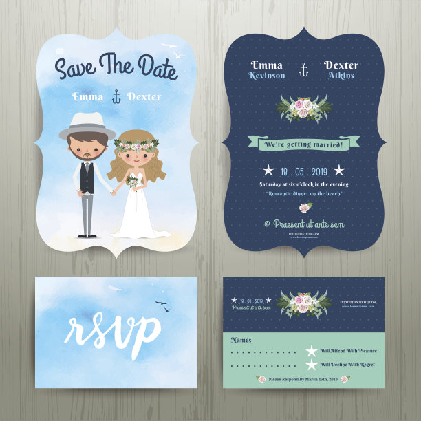 波希米亚卡通新人海滩婚礼卡片模板集图片下载