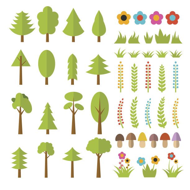 一组平坦的森林元素。包括蘑菇，草，浆果图片下载