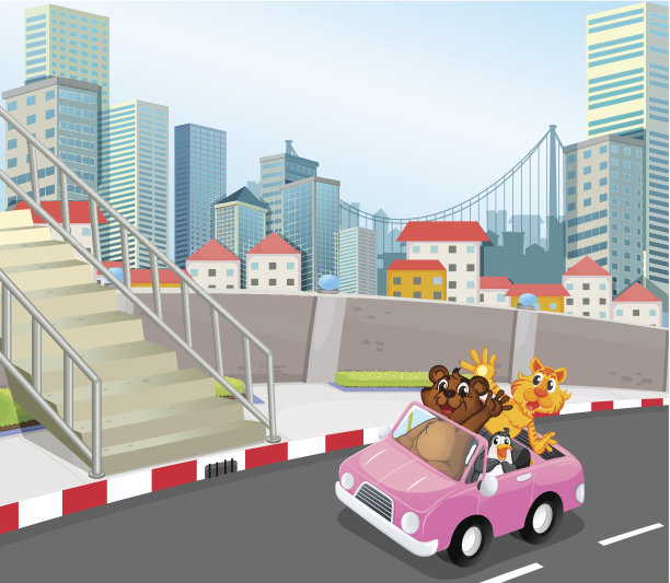 粉红色的车和动物在城市中奔跑图片下载