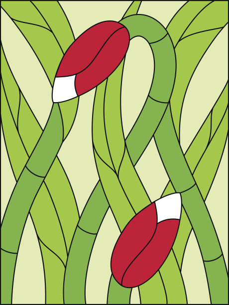 彩色玻璃窗户。组成程式化的郁金香，叶子，葛图片下载