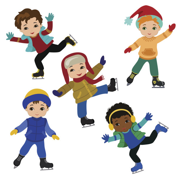 有趣的男孩穿着冬装在白色的背景上滑冰图片下载
