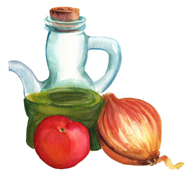 橄榄油瓶与洋葱和番茄的水彩画图片下载