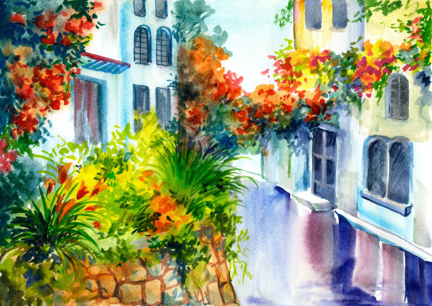 水彩画-房子附近的花素材图片
