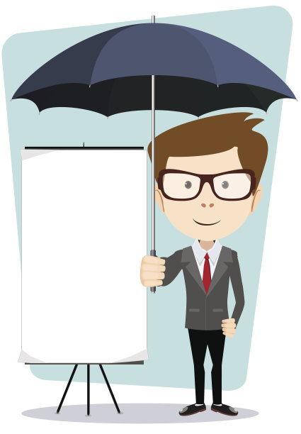年轻的商人，带着一张海报和一把雨伞，矢量插图图片下载