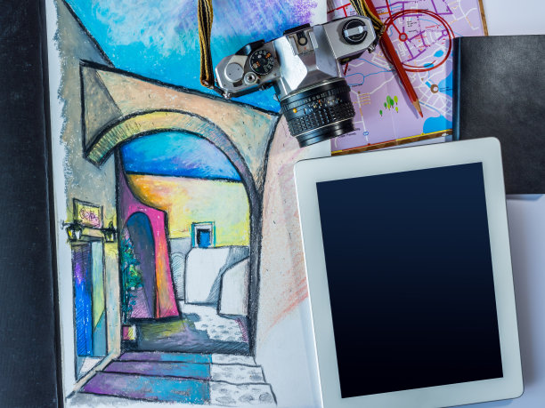 手绘草图插图的旅游和旅游的概念与平板图片下载