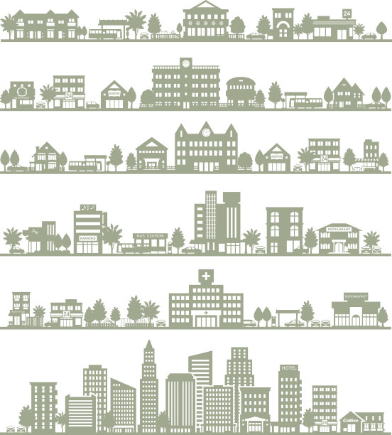 六个不同城市的水平矢量全景图图片下载