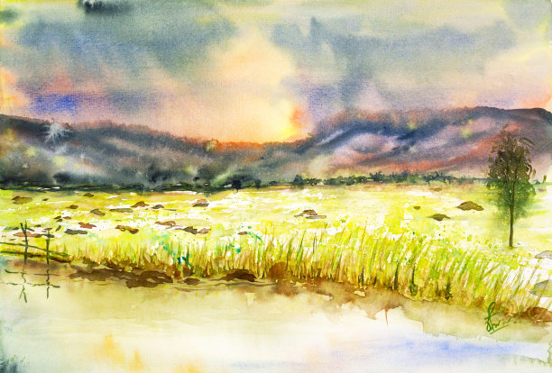 日落风景的水彩画素材图片