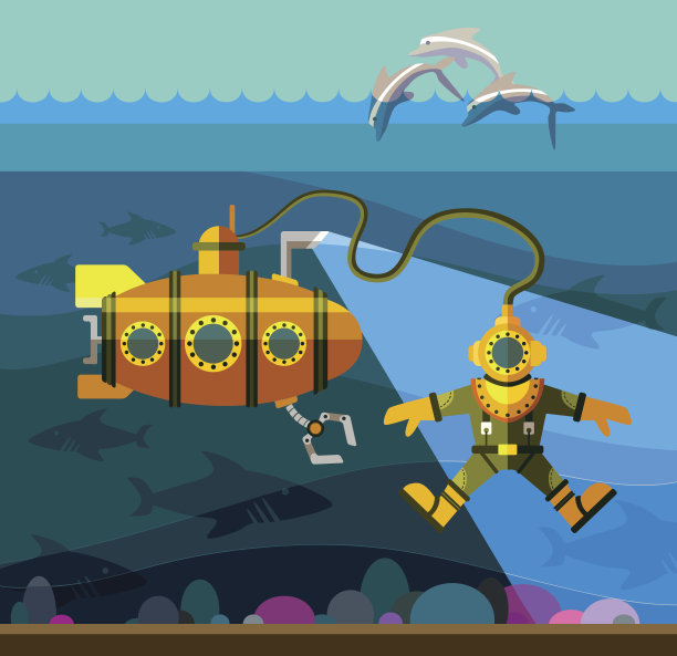 潜水员和潜艇。平图片下载