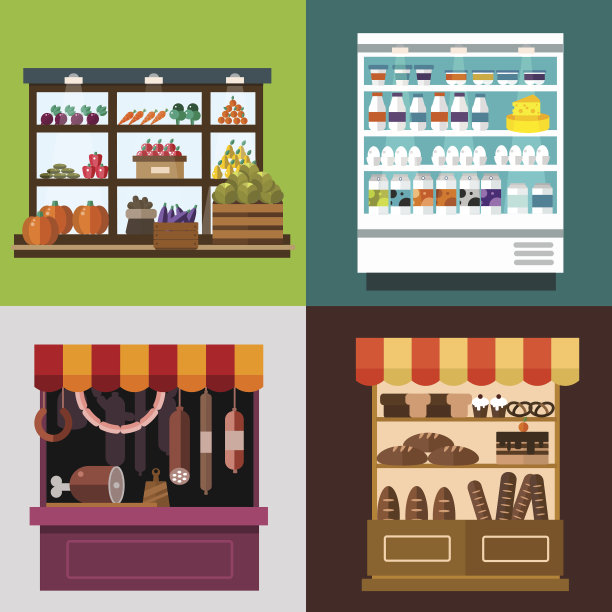 水果、蔬菜、奶制品、肉制品、烘焙店矢量摊套图片下载