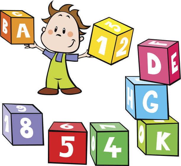 插图的小男孩拿五颜六色的立方体与字母图片下载