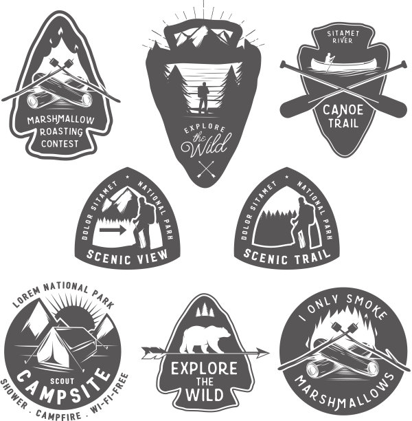 复古露营和远足标签，徽章，设计元素素材图片