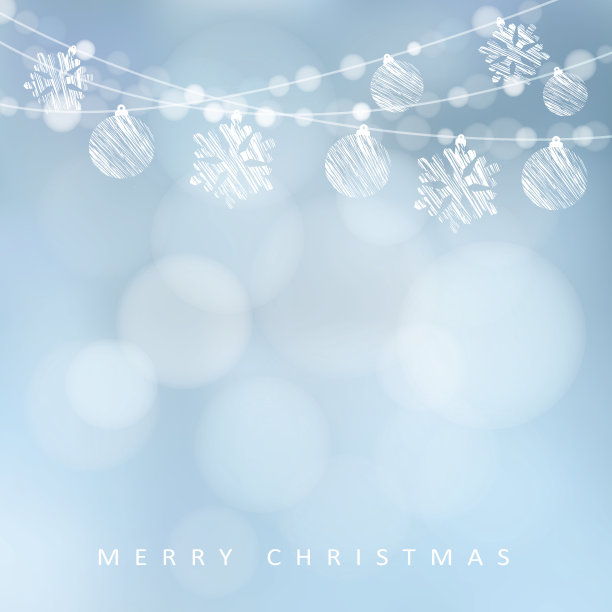 圣诞贺卡，灯的花环，圣诞球，雪花，矢量图片下载