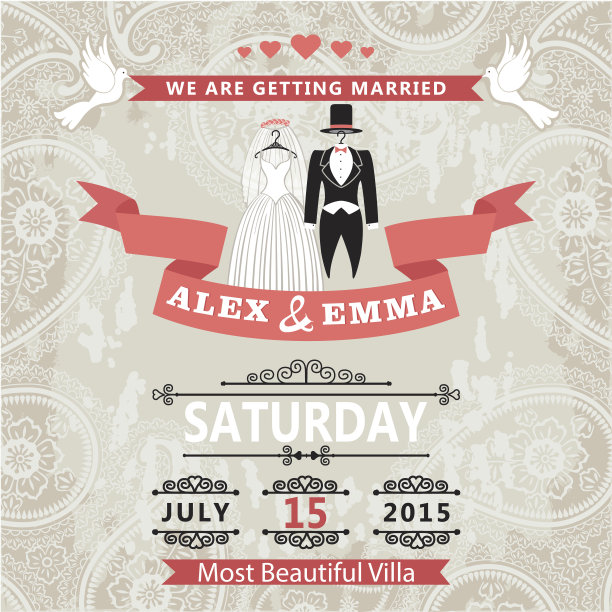 婚礼请柬与婚纱和佩斯利花边图片下载