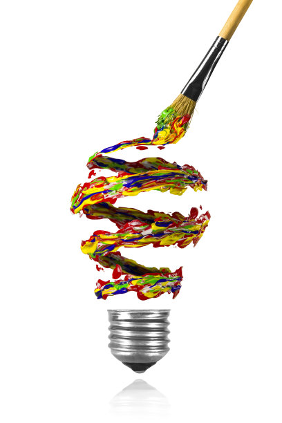 蓝、红、黄、绿颜料和画笔做成了灯泡图片下载