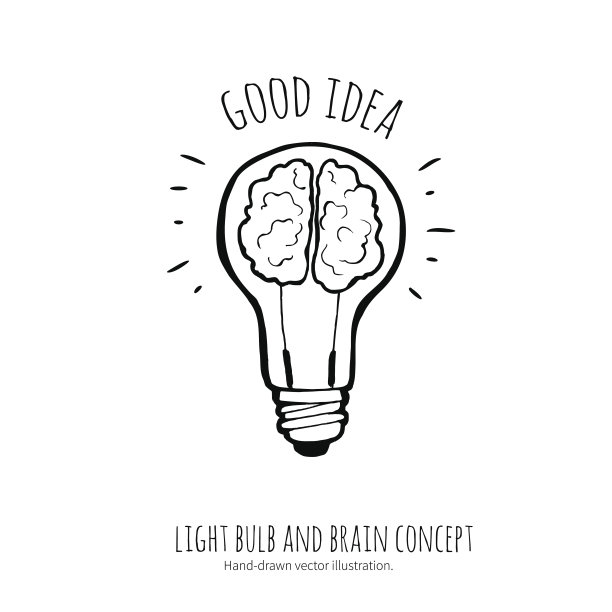 灯泡和大脑。概念的概念。手绘插图。图片下载
