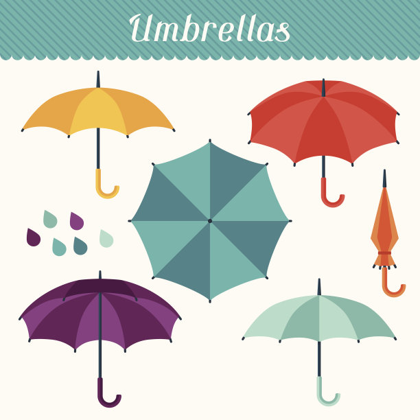 一套可爱的多色雨伞在平面设计风格。素材图片