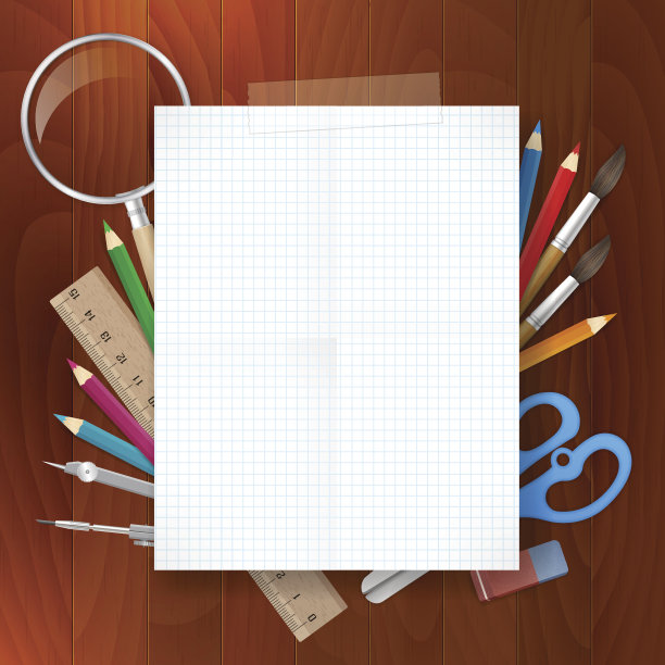 空白纸与学校用品工具在木材背景图片下载