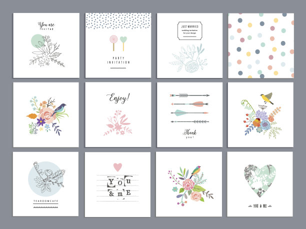 一套浪漫的鲜花卡片。婚礼,周年纪念,生日图片下载