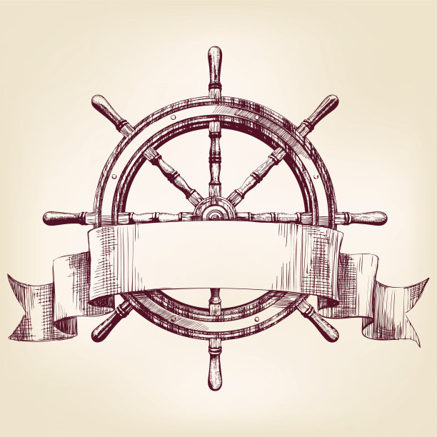 船舶方向盘vintage绘制矢量插图图片下载
